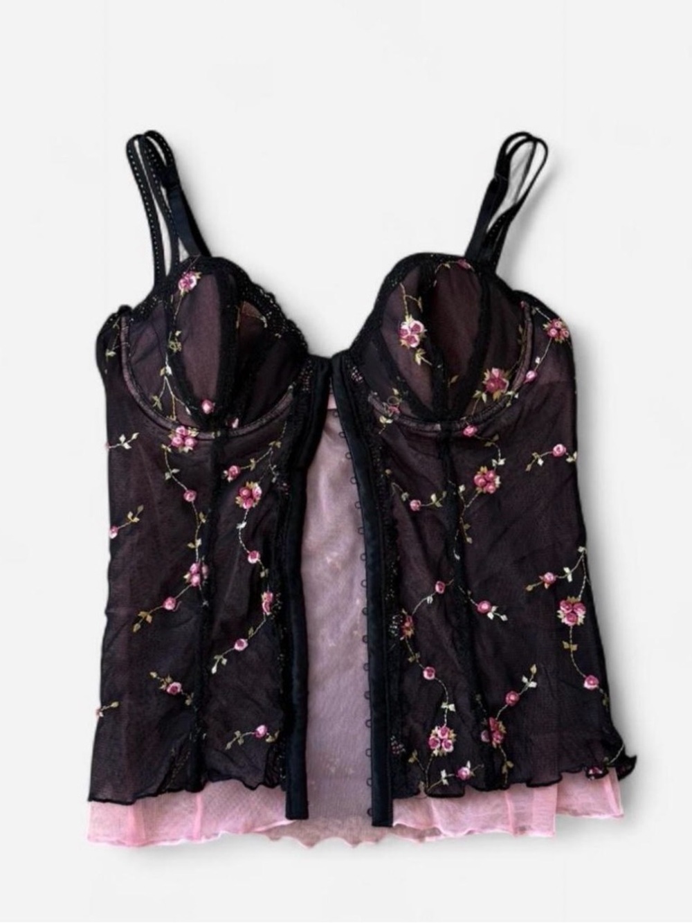 Victoria’s Secret y2k Floral Embroidered Black & Pink Bustier Lingerie